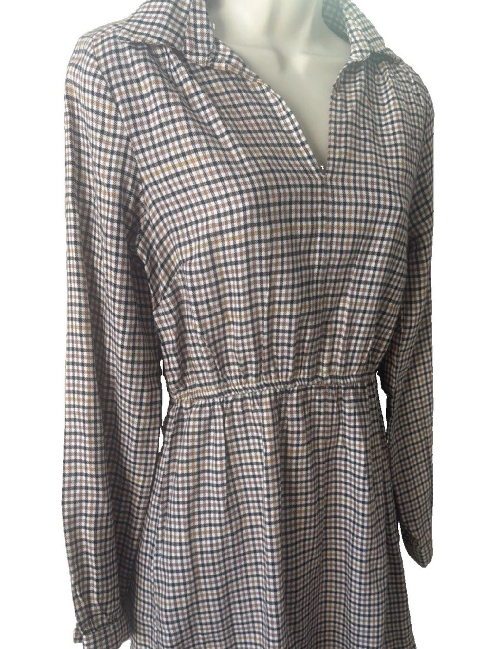 Japna Plaid Long-Sleeve Elastic-Waist Dress in Brown, Black and Cream